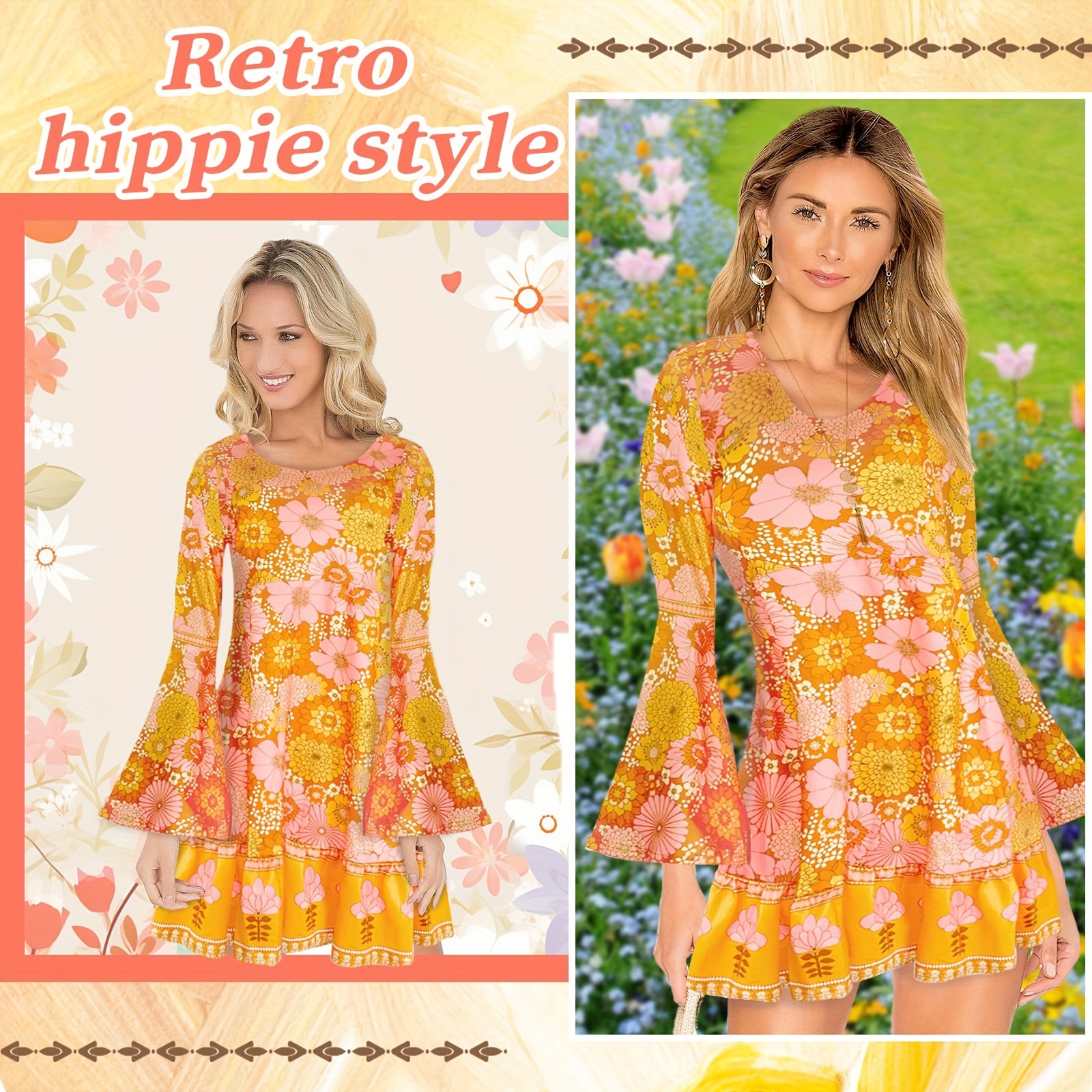 Women'* 70s Hippie Set Vibrant Floral Boho Dress Sleeves, Orange  Headband Tassel Earrings Polyester, Feather-Free Ou