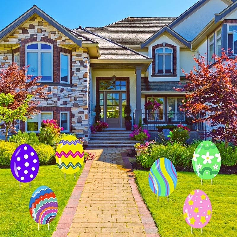 

6pcs Vibrant Easter Egg Yard Signs - Plastic, Stake-style Installation, Outdoor Lawn & Pathway Decorations For Spring Celebrations, Yard Decorations Outside