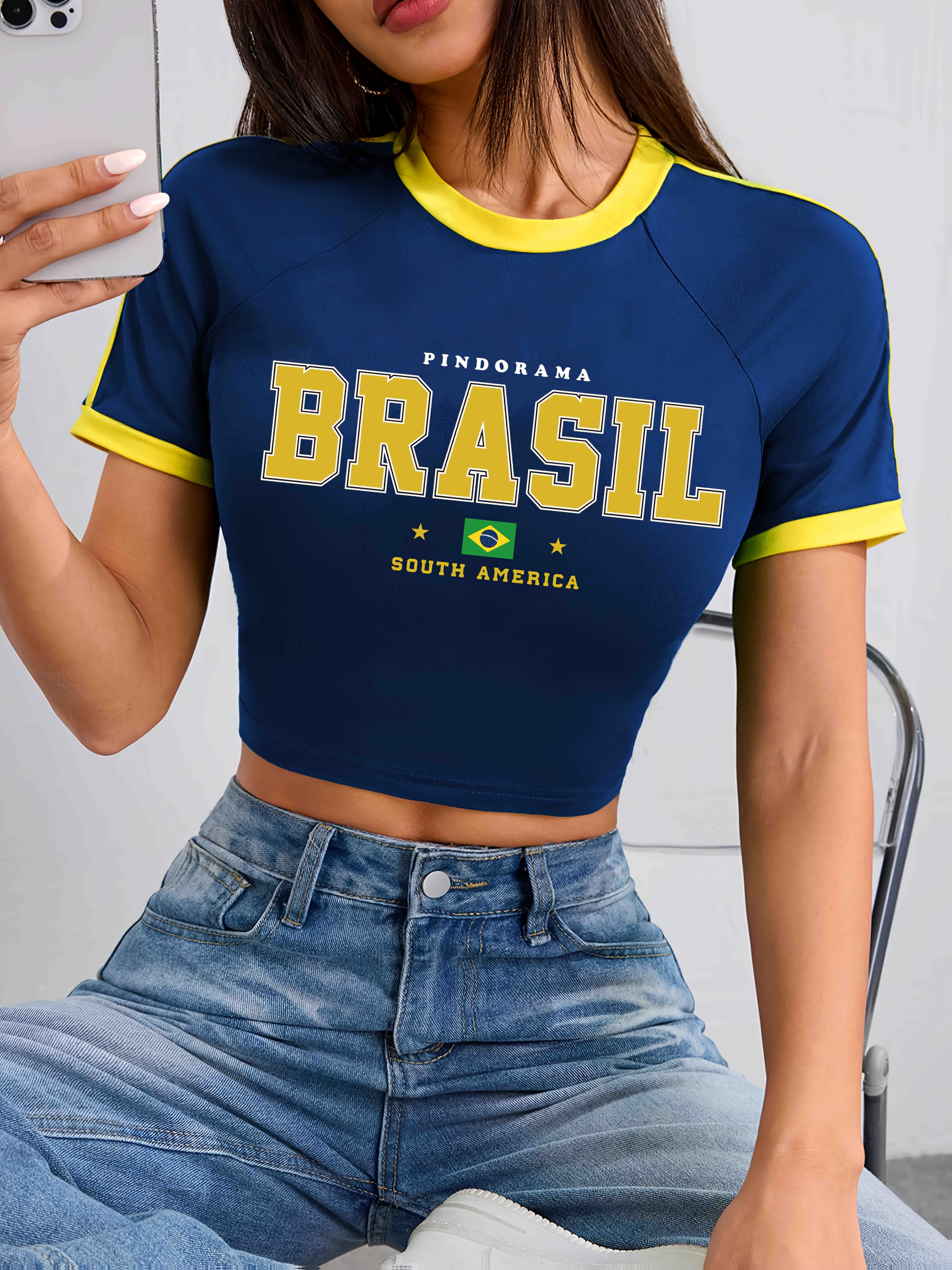 Letter Print Crew Neck T-Shirt, Y2K Short Sleeve Crop T-Shirt For Spring & Summer, Women's Clothing