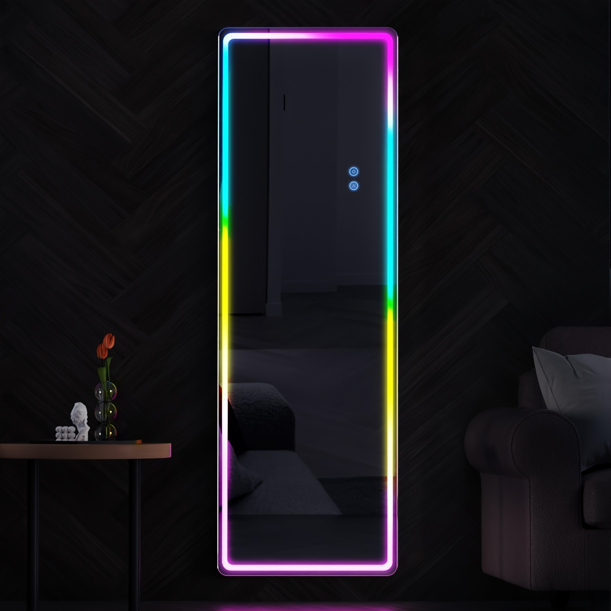 

Rgb Full Length Mirror, Full Body Mirror With Led Lights, Dimming & 7 Color Changing Lighting, Wall Mounted Hanging Mirror With Stand Free Standing Floor Mirror For Bedroom
