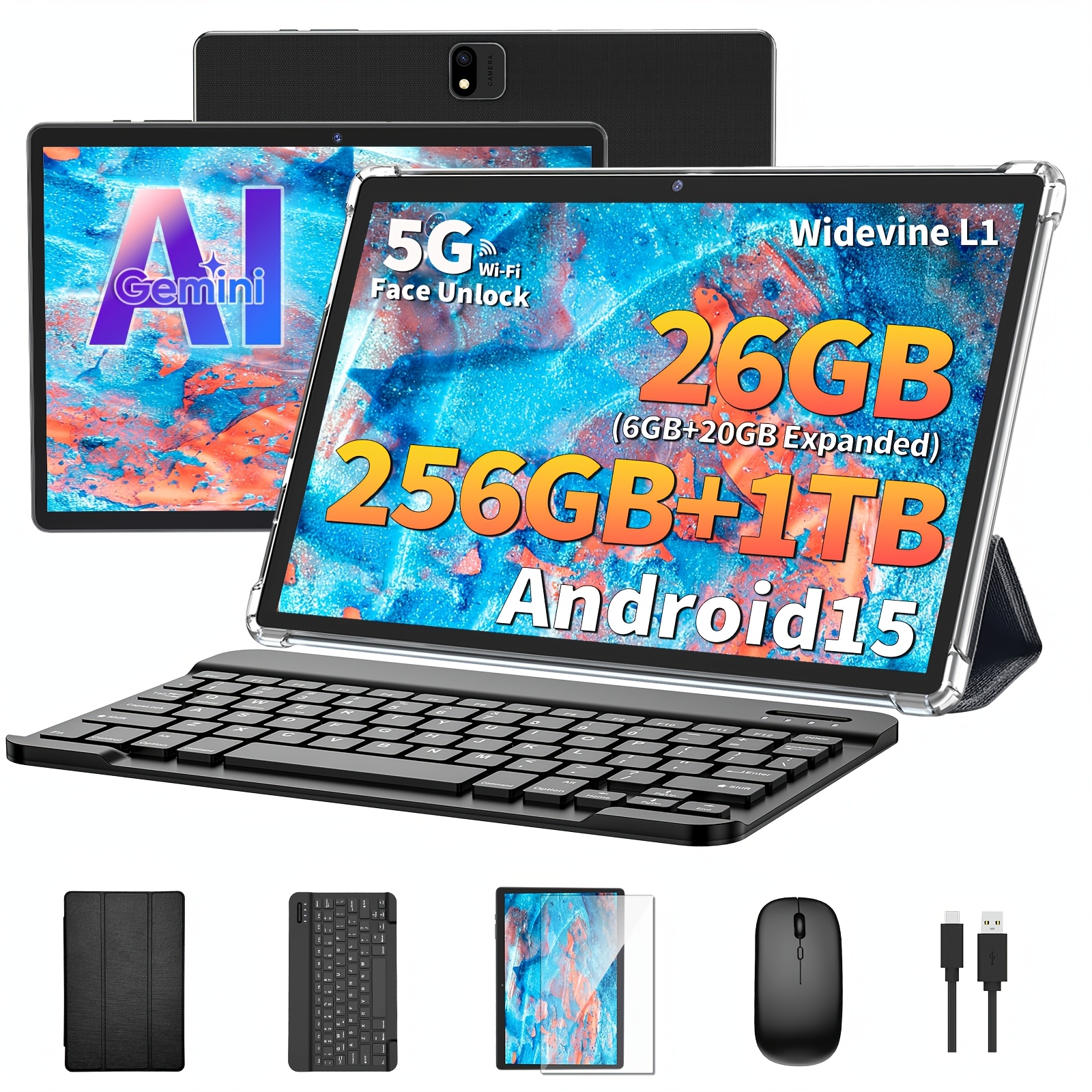 TEMU Tableta 15, 10.1 pulgadas, 26(6+20)GB RAM + 256GB ROM, dos versiones opcionales: [Tableta con teclado, ratón sin varillas, , lápiz óptico (no
