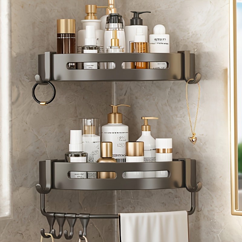 TEMU Set Of 2 Triangular Bathroom Shelves With 4 Adjustable Hooks, Suitable For Shampoo And Shower Gel, Wall-mounted Without The Need For Drilling, Ideal For Bathroom Items