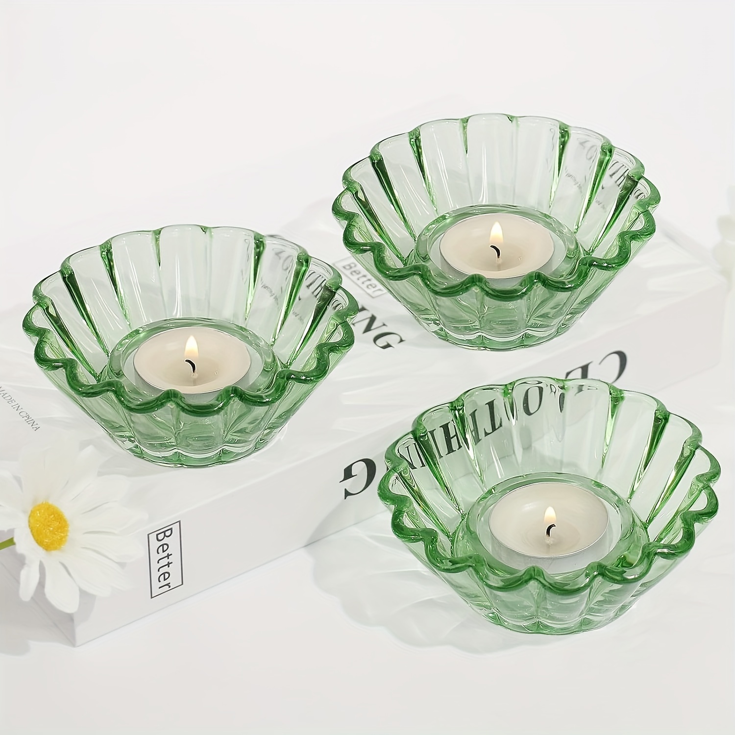 

3pcs Glass Tealight Holder, Green Votive Candle Holders New Wave Design For Wedding Centerpiece, Living Room, Home Party Decor