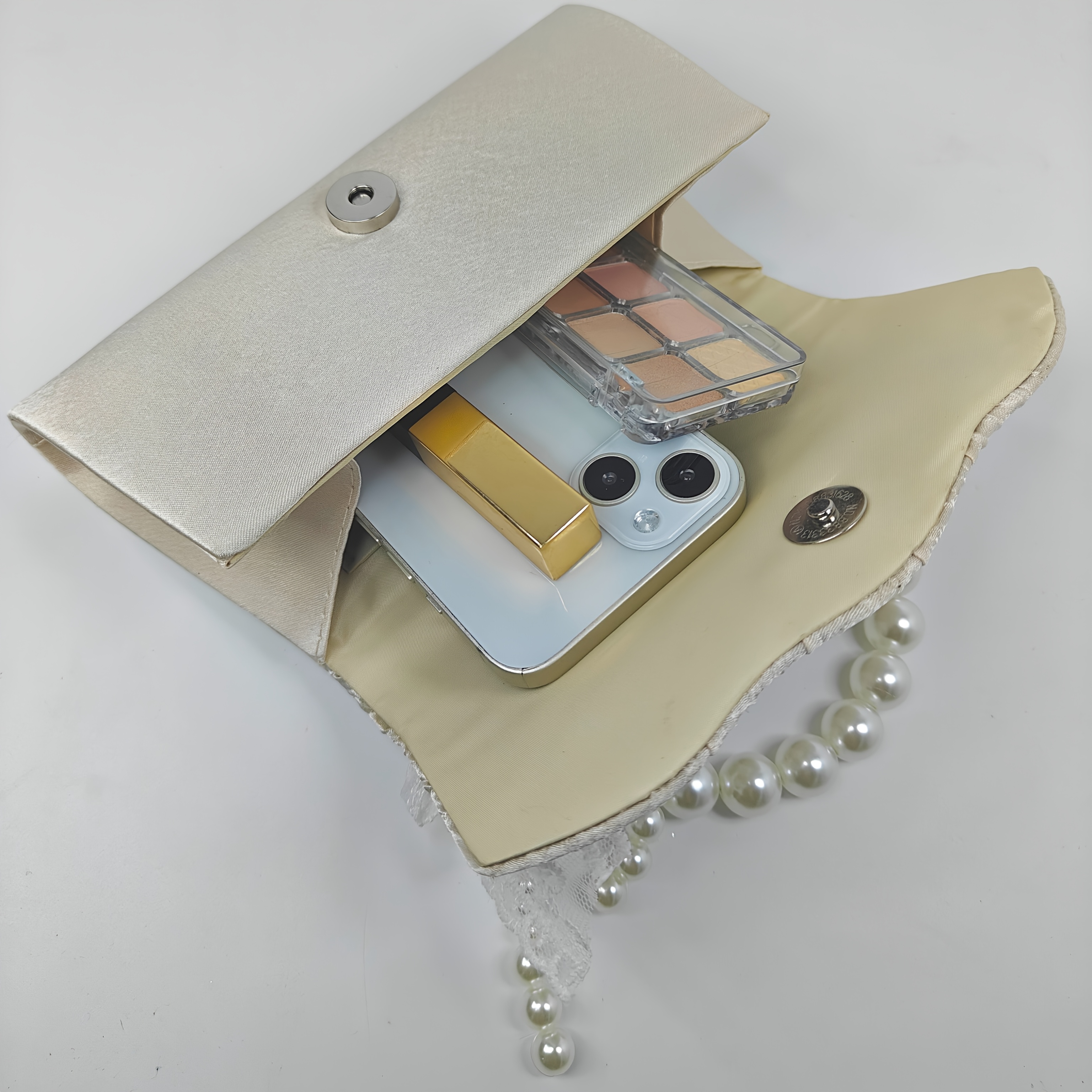 Apricot Satin Pleated Evening Clutch with Pearl Bow