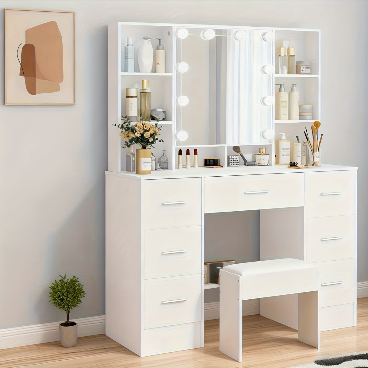 Christmas New Arrival Ladies' Gift: Vanity Table Features Multiple Led Bulbs In , Adjustable Brightness On -up Mirror, Multiple Drawers, Open Shelving, Storage Space. From Local , Ideal For Bedrooms