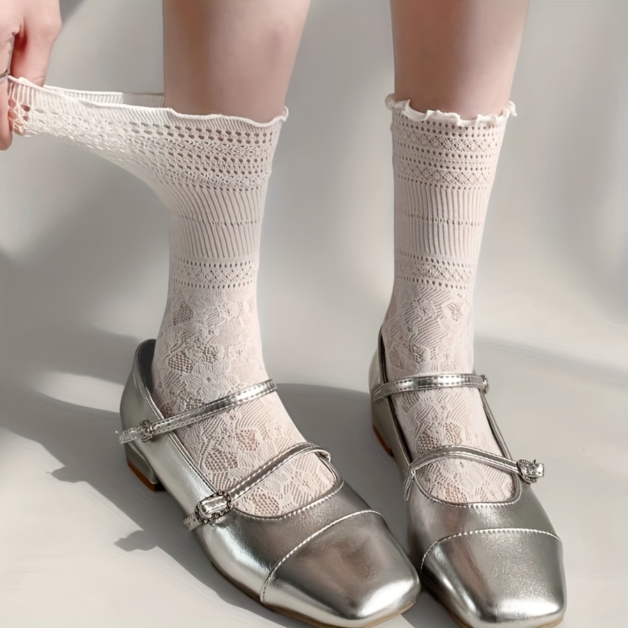 E-shop 1 Paar - Rüschen Hollow Mesh Mid-Tube Socken, Süße JK Japanische Stil Over-The-Knee Socken