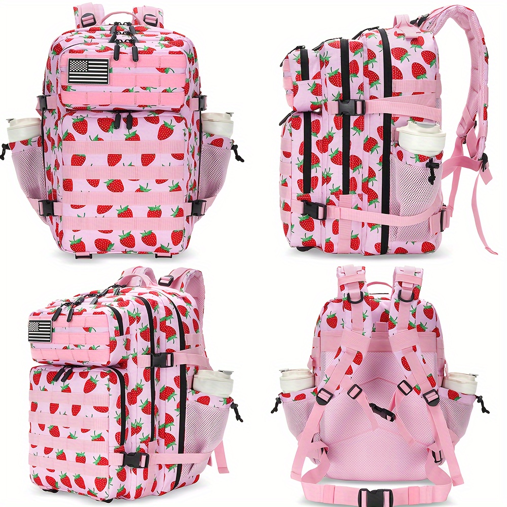 

45l Pink Strawberry Hiking Backpack Waterproof Daypack Travel Sports For Camping Hiking Outdoor Sports For Men's And Women Birthdays Gift