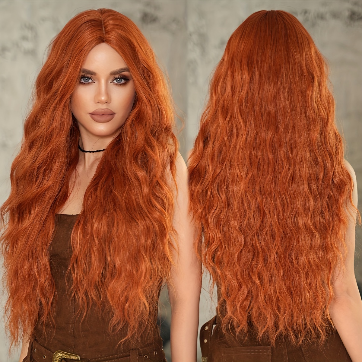 Image of 7jhh Wigs Vibrant Orange Long Water Wave Cosplay Wig For Women - High Density, Heat Resistant Synthetic Hair, 28.34 Inches, Perfect For Daily Parties & Halloween, Wig Accessories