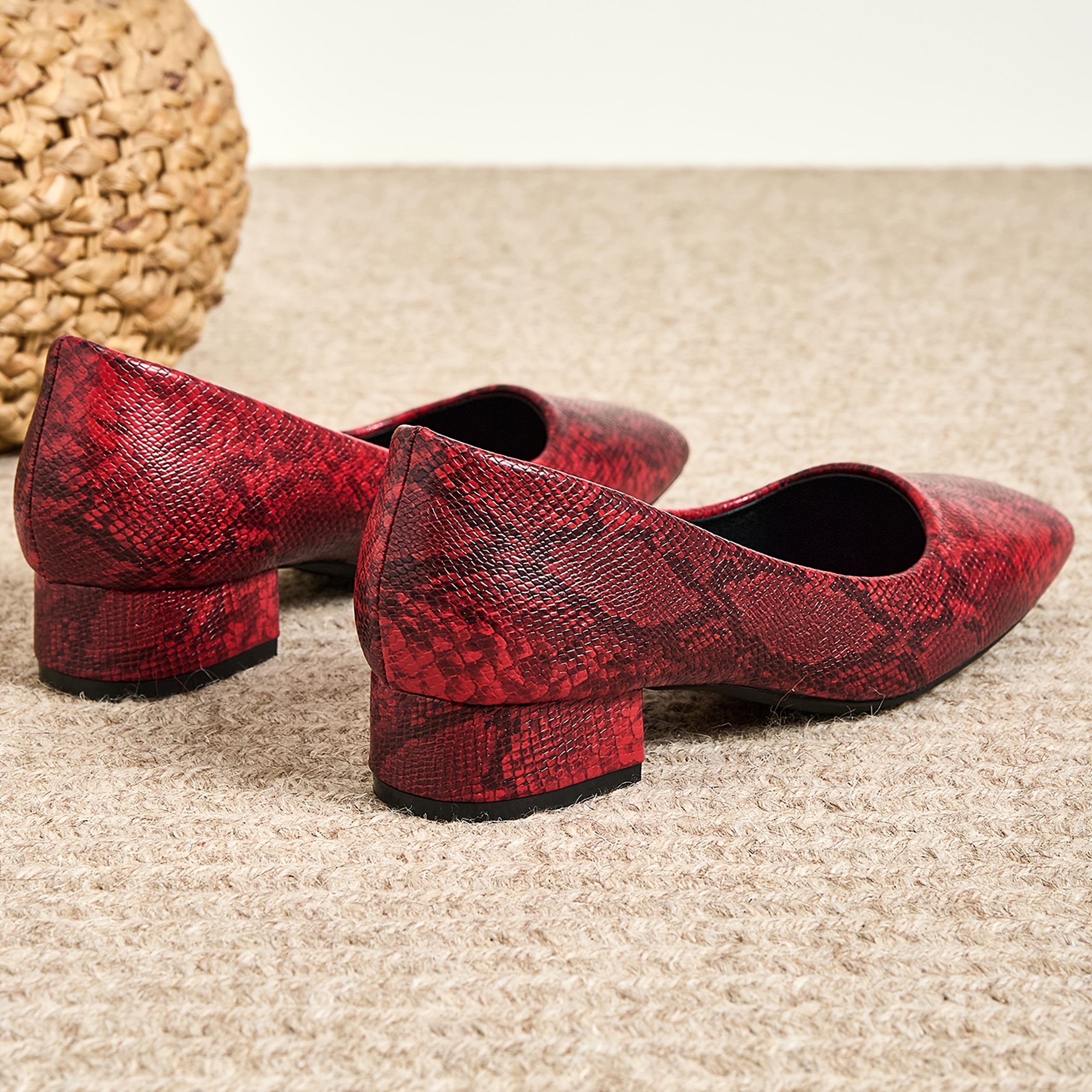 elegant women's red snakeskin pattern chunky heel pumps Temu