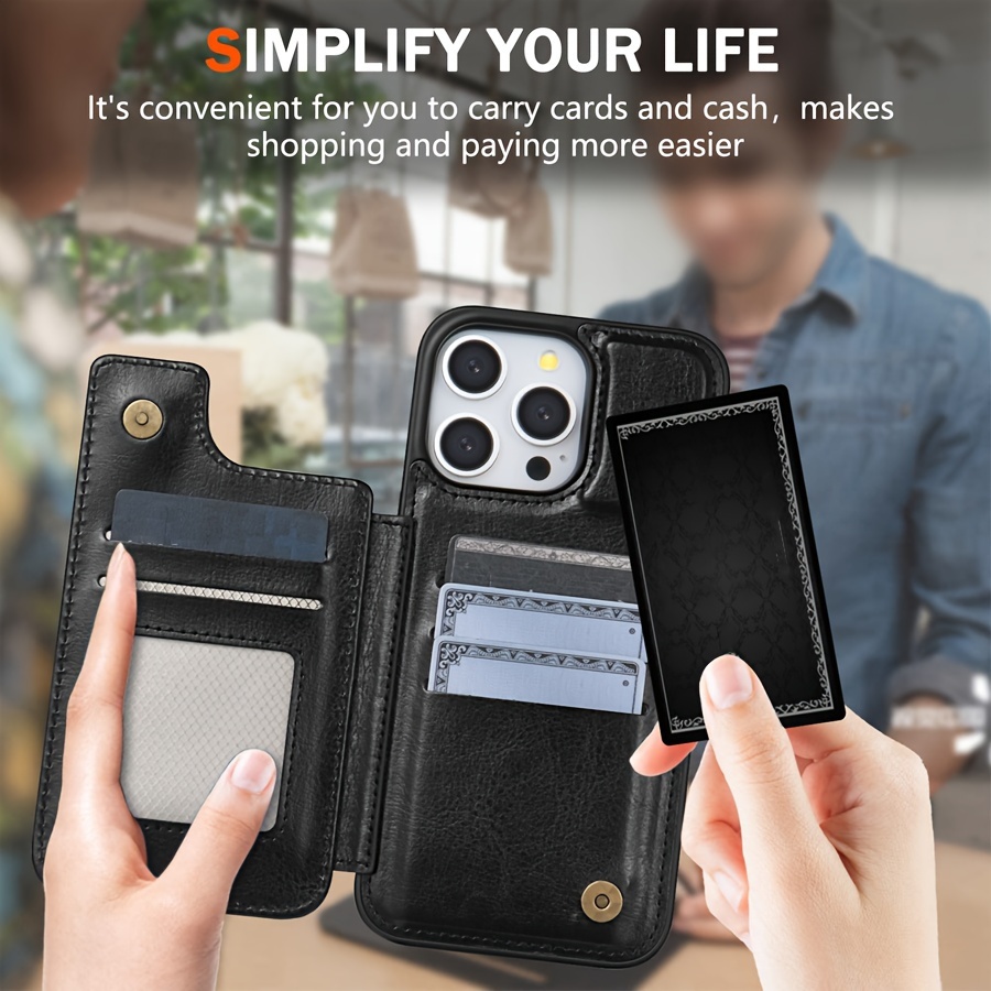 iPhone 15 Pro Max 14 Plus 13 12 11 X XS XR SE 2022 2020 8 7 Business Shockproof Protective Case, Wallet Type Solid Color Double Snap Side Stick Card Slot RFID Blocking Bracket Magnetic Flip PU Artificial Leather Case