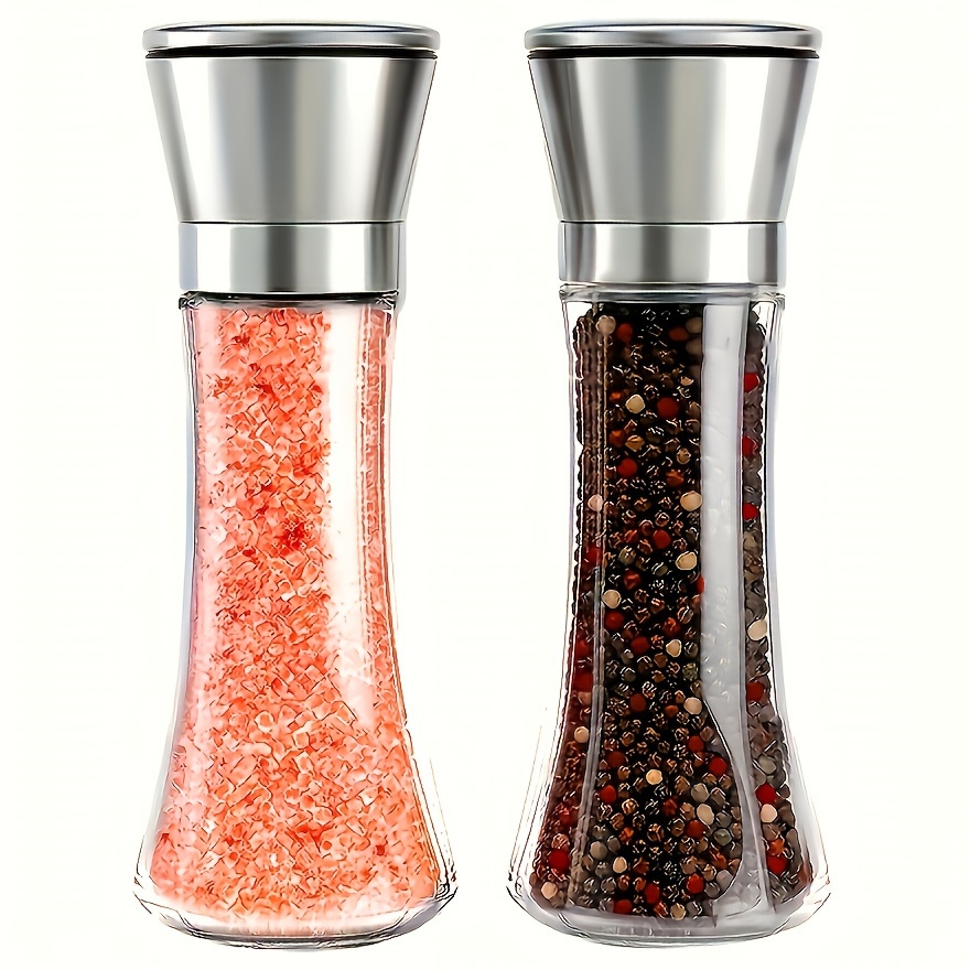 

Pepper & Sea Salt Grinder Set - Adjustable Coarseness, Ceramic Blades, Stainless Steel Hair-trigger Lid, Refillable Glass Body - 1pc/2pcs