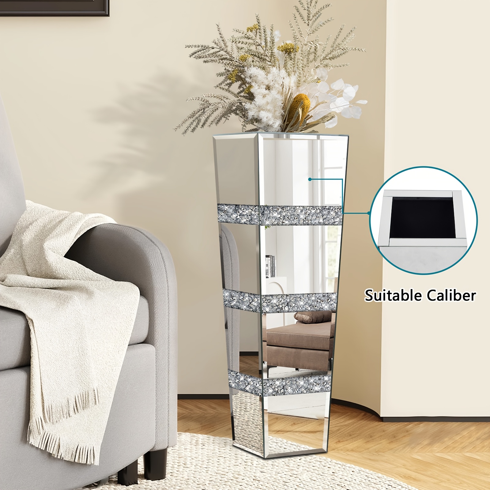 Image of 28-inch High Mirrored Square Decorative Floor Vase | Rhinestone Dried Flower Vase, Gorgeous For Living Room Home Decoration