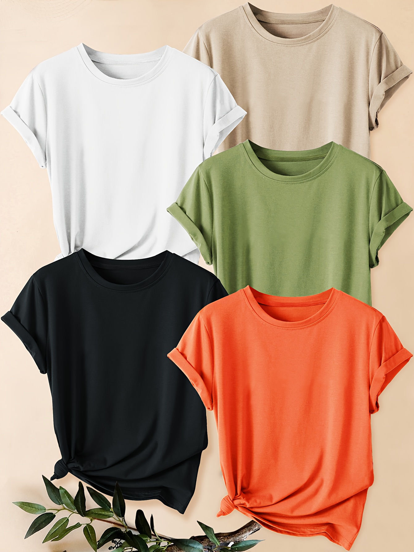 5pcs womens retro solid color casual t shirts round neck short sleeve   medium   washable opaque fabric for gym training casual wear spring summer fall 5 colors beige olive peach orange burgundy workout shirts seasonal fashion simple     gym clothing   durable construction versatile top women white black apricot army   0