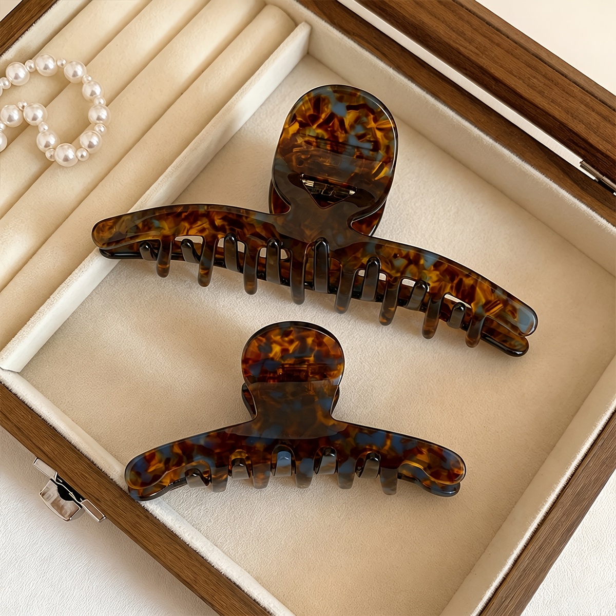 TEMU 2pcs Large Tortoiseshell Acetate Hair Claw Clip Blue Brown Marble Shark Hair Clip For Thick Hair Women Back Of Head Ponytail Updo Hair Additions