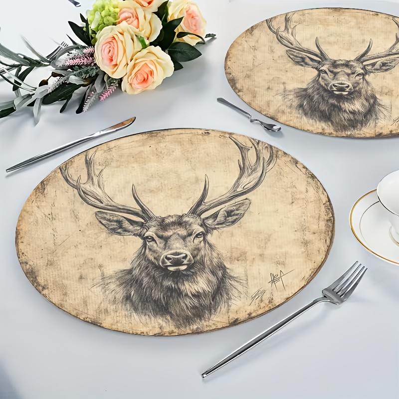TEMU 2d Flat, 4pcs Set Of Deer Pattern Round Wooden Placemats, Suitable For Dining Room Kitchen Restaurant Holiday Party Table Decor