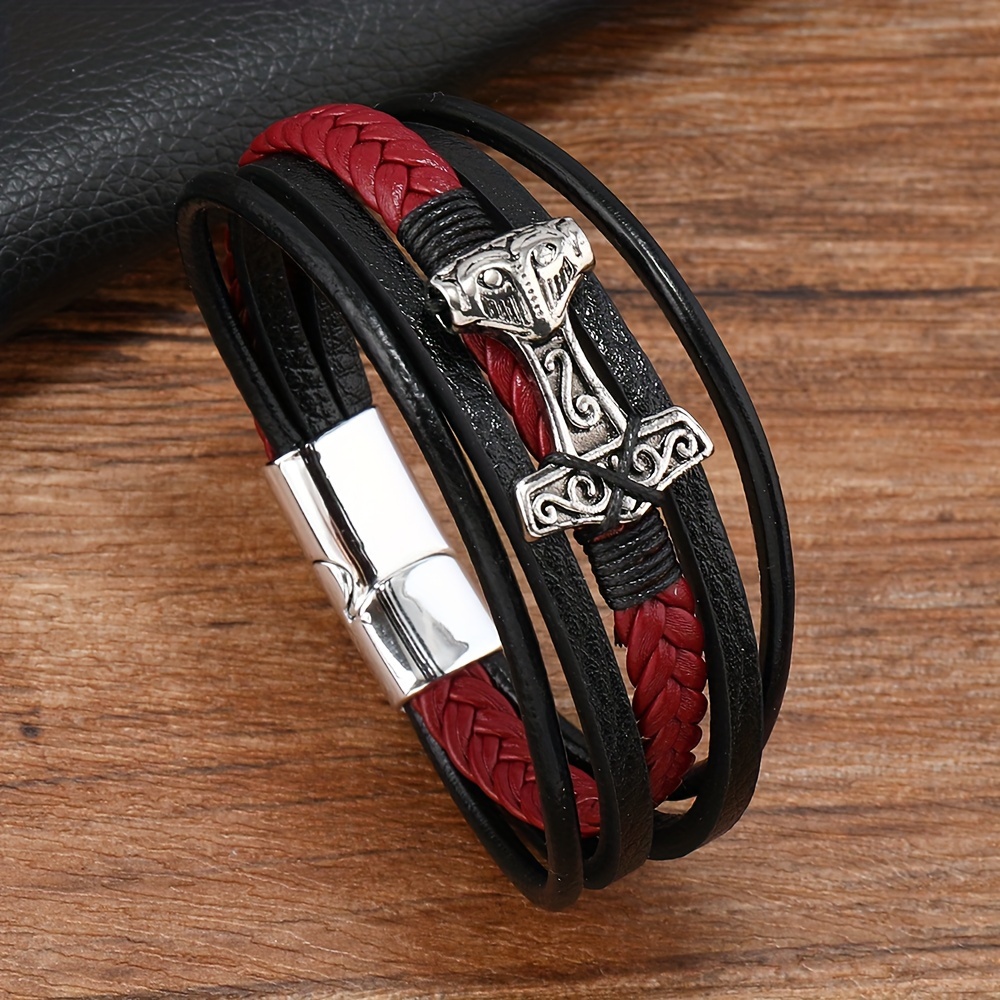 hammer multi layer magnetic buckle bracelet mens hand jewelry punk style pu leather bracelet