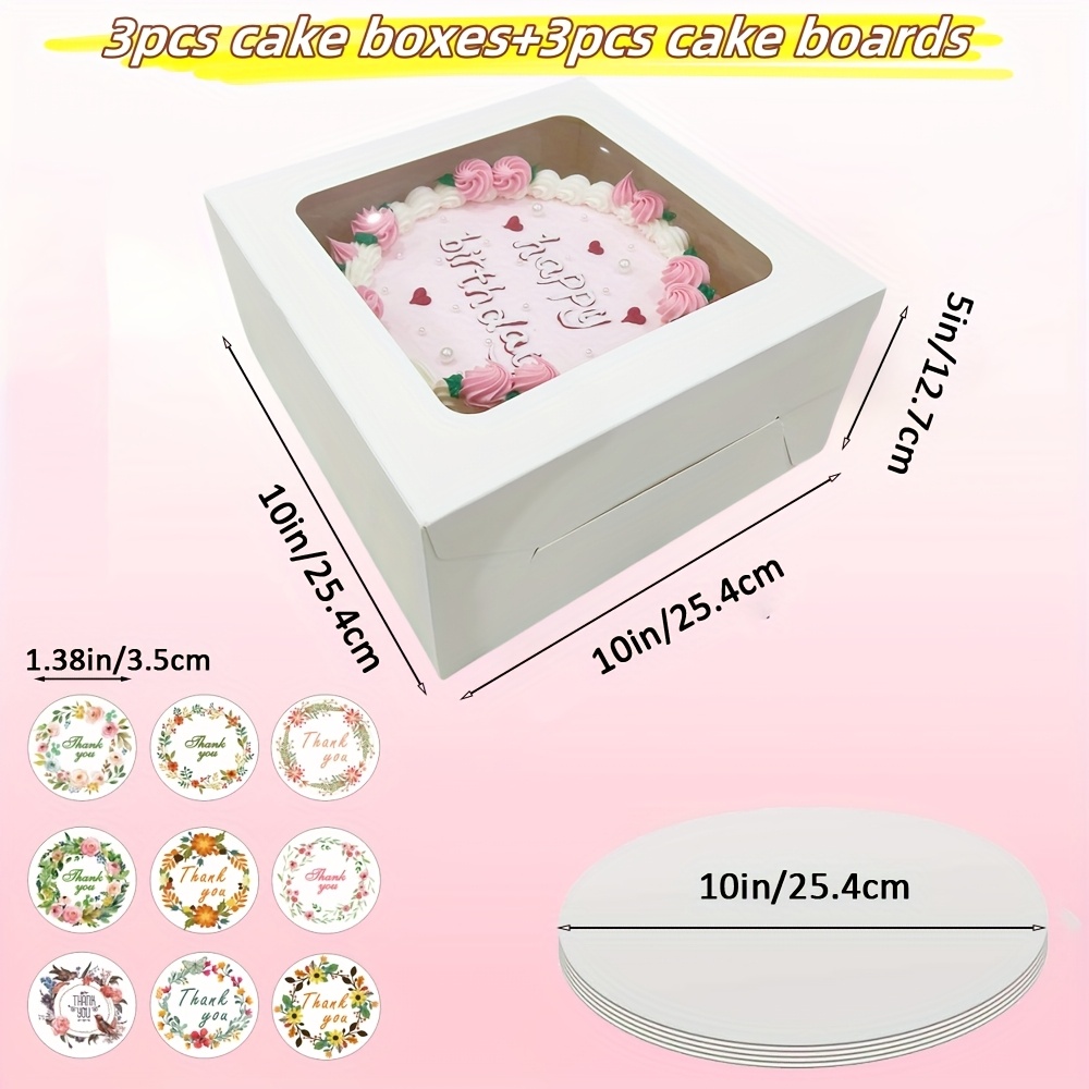 Image of 6pcs Cake Boxes 10 Inch With Cake Boards & Labels Stickers, 10"x10"x5" Boxes With Windows For Cake, Birthday Party Christmas Halloween Holiday (3pcs Cake Boxes & 3pcs Cake Boards)
