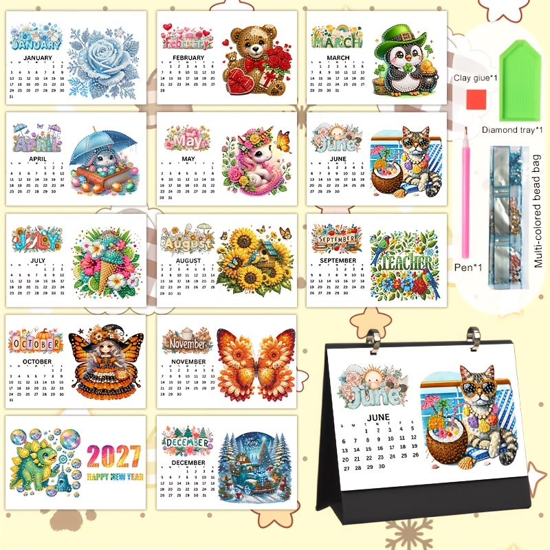 TEMU 1pc 2027 Motif Peinture Diamant DIY Série Calendrier, Calendrier du An, Calendrier de Bureau, Calendrier de Table, Chaque Page Présente un Motif