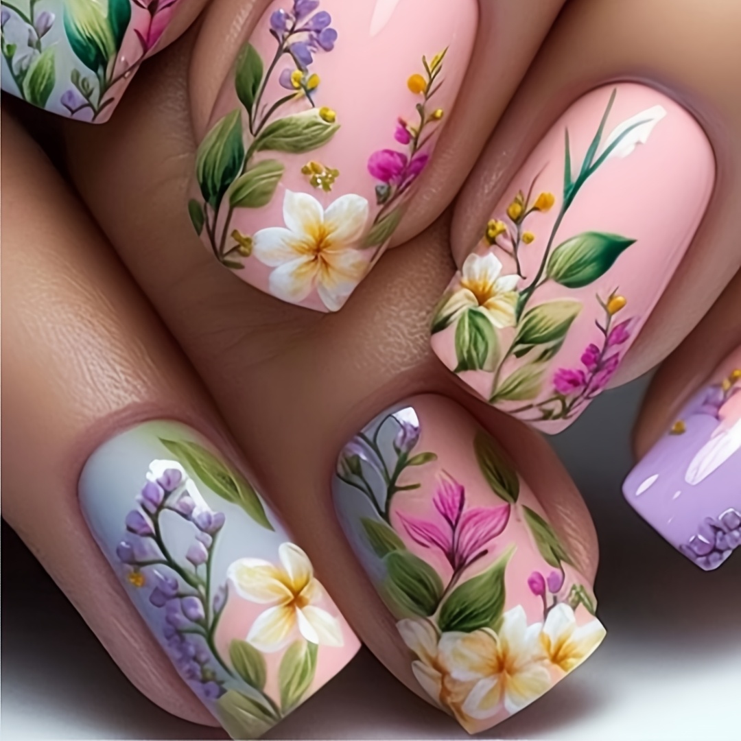 24pcs Medium Square Press-on Nails, Floral Press-on Faux Nails, With Jelly Glue And Nail File, Suitable For Women And For Festivals, Daily Wear