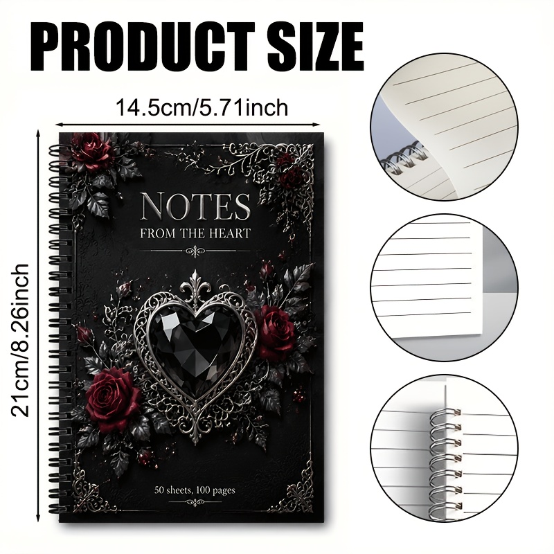 TEMU Carnet à spirale Dark Gothic Noir avec motif de cœur et de rose en , fond noir avec bordure en dentelle argentée sculptée, cœur en cristal noir