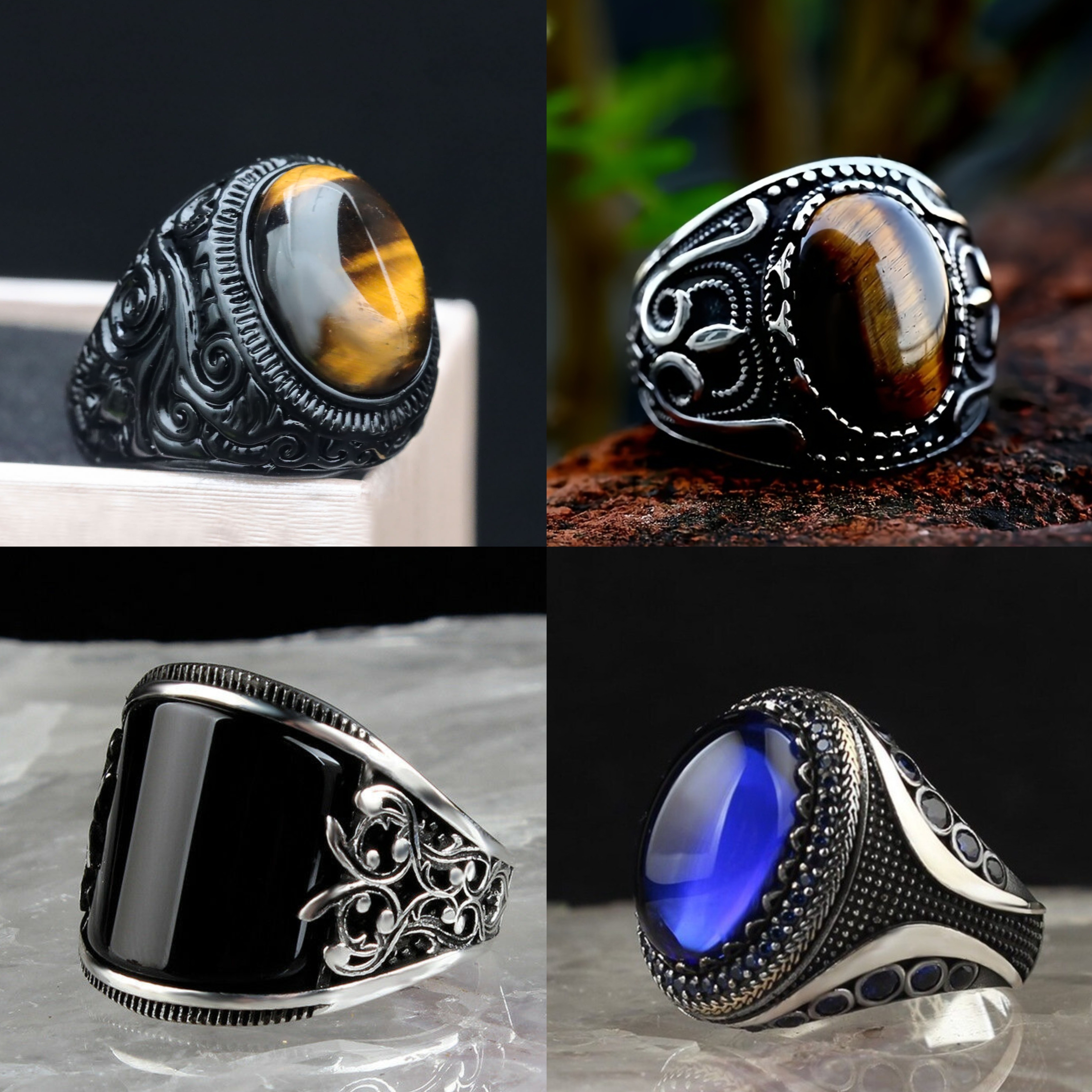 

4-piece Ring Set - High Quality Black Agate And Tiger , Classic, , Retro Gentleman Style, European And , Suitable For Men's Jewelry