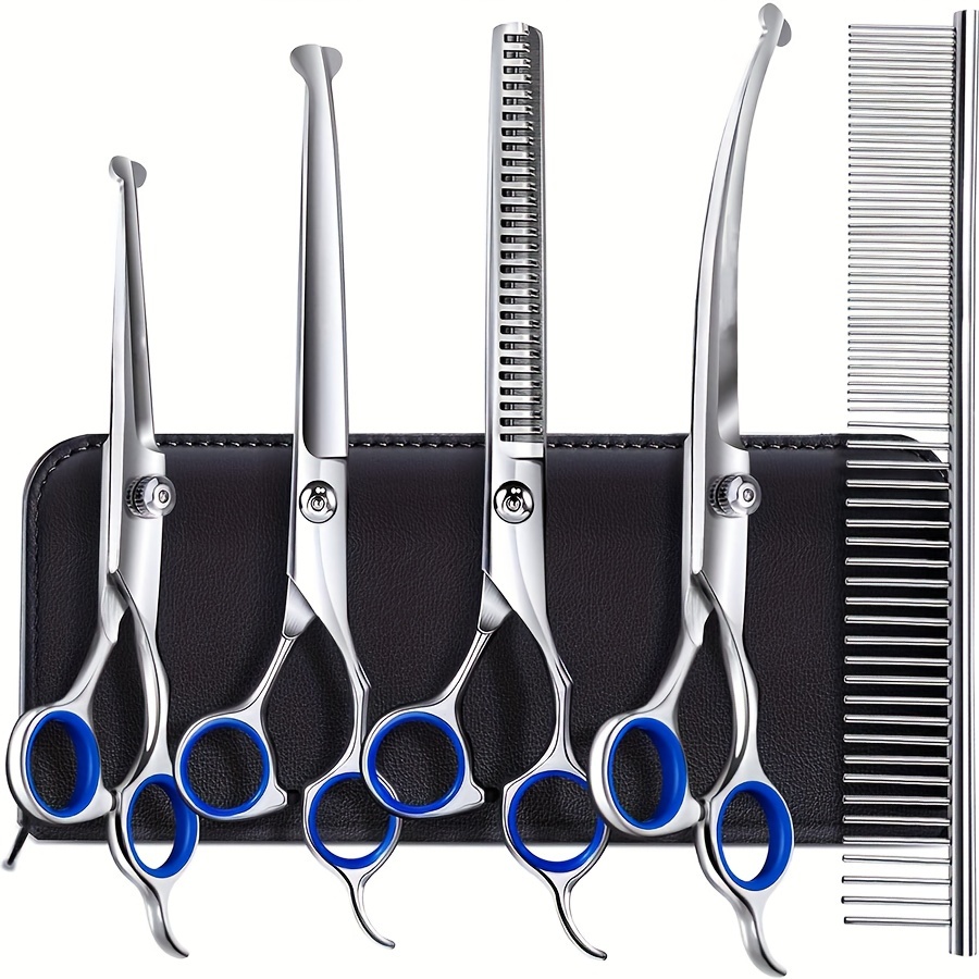 

6-piece Professional Pet Grooming Scissors Set, Stainless Steel Dog And Cat Hair Thinning Shears With Downward Curved, Straight, Upward Curved Scissors And Comb, Ambidextrous Use
