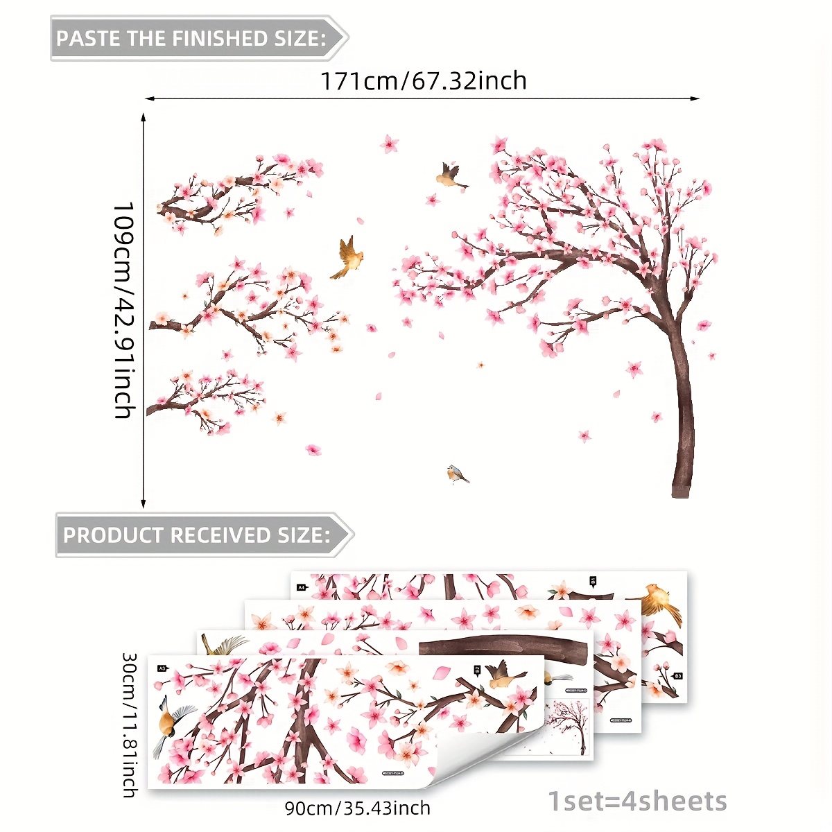 Image of A Set Of 4pcs, 30*90cm*4pcs, Pink Floral Tree And Bird Wall Stickers, Self-adhesive Background Wall Decoration For Living Room, Bedroom, Or Study, Ms3321-yl