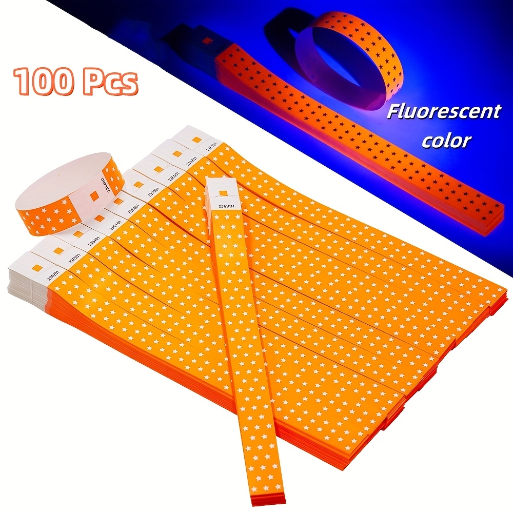 TEMU Gift For Her/him Premium Tear Proof Neon Star Paper Wristbands 100 Pack, Yellow & Pattern Disposable Event Bracelets, Random Numbered Party