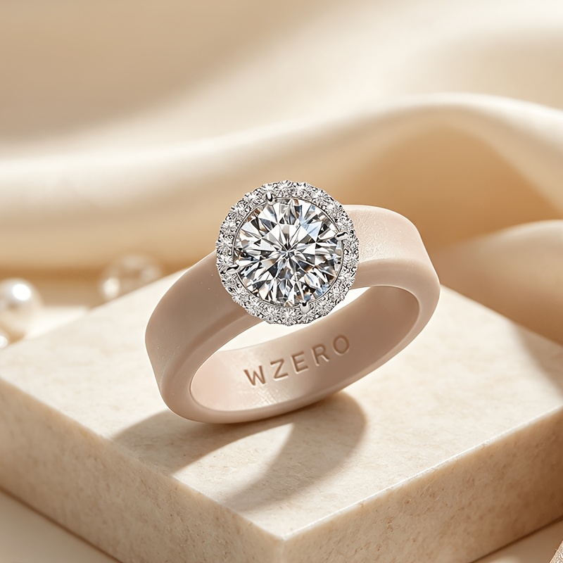 Light Luxury Silicone Ring Holder with Halo Pave Round Main Stone