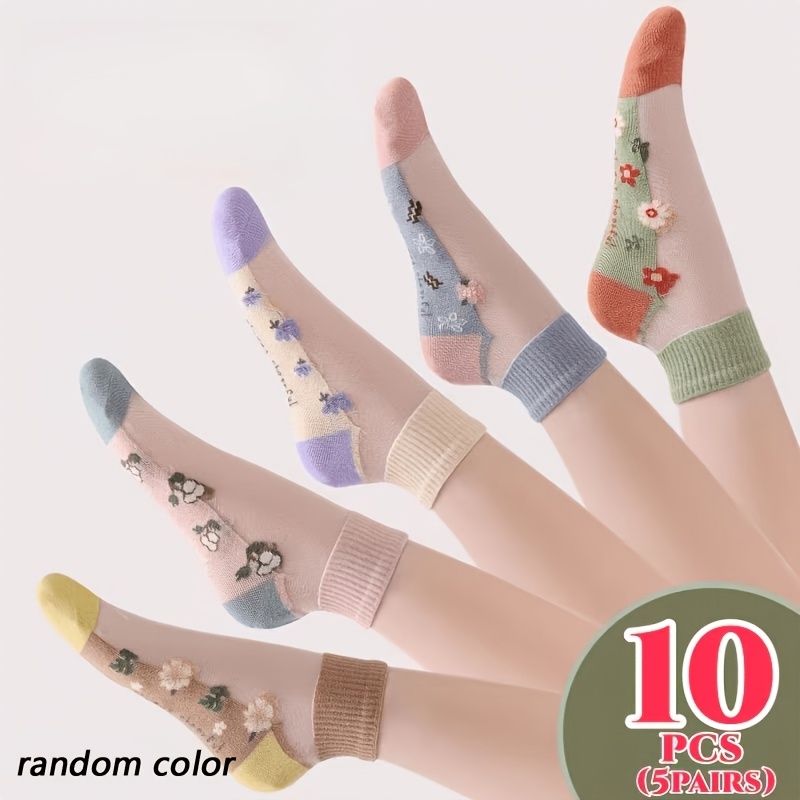 TEMU 10pcs/5 Pairs Women's Printed Breathable Thin Socks - Breathable Comfortable Sheer Mid-calf Design, Random Colors, With Colorful Floral