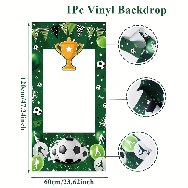 E-shop Vinyl-Hintergrund mit grünem Fußballparty-Banner, langlebig, mit weißen und goldenen Akzenten, mit Fußbällen, Trophäen, Spieler- und