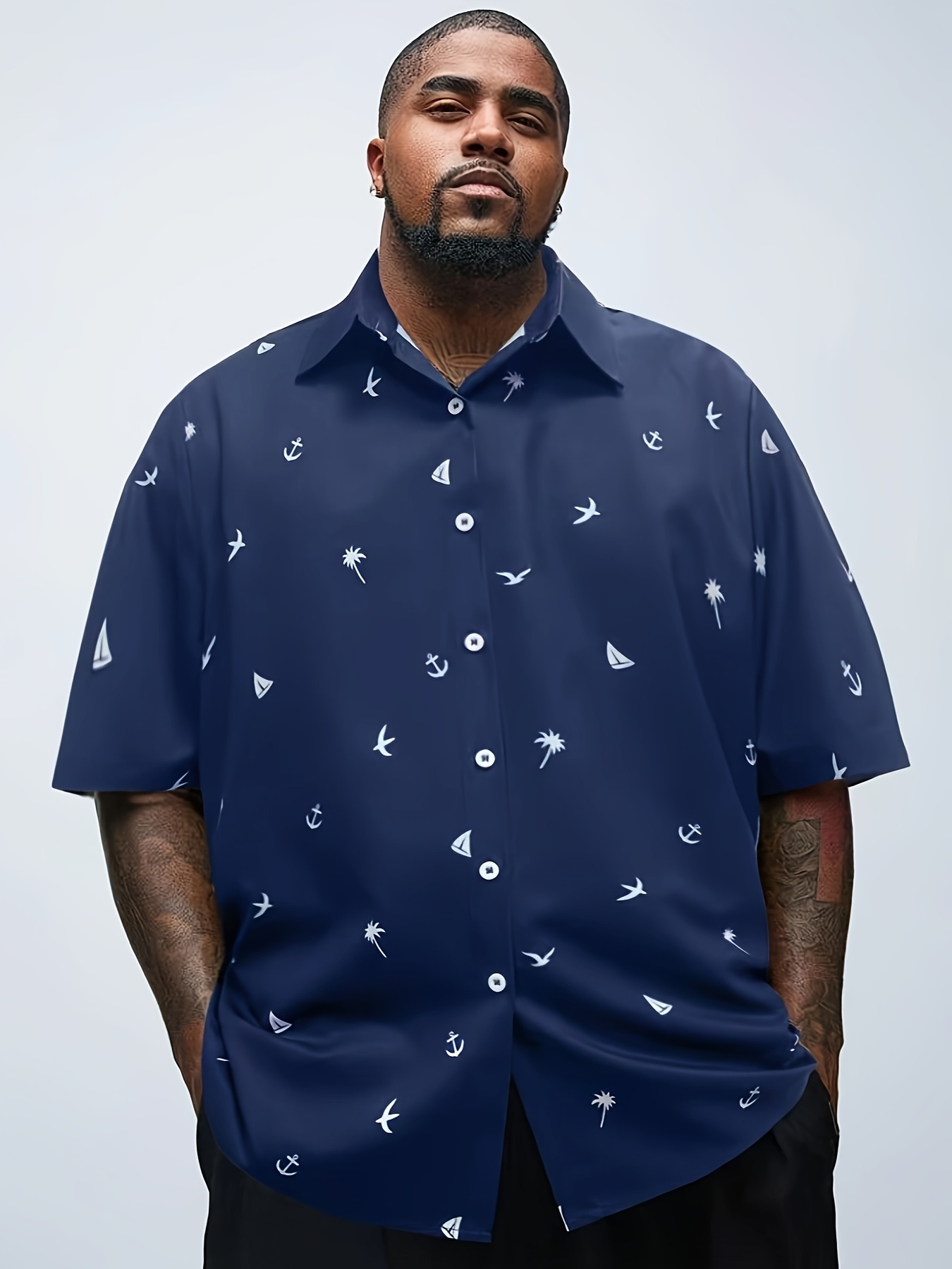 mens nautical print short sleeve shirt palm tree seagull Temu