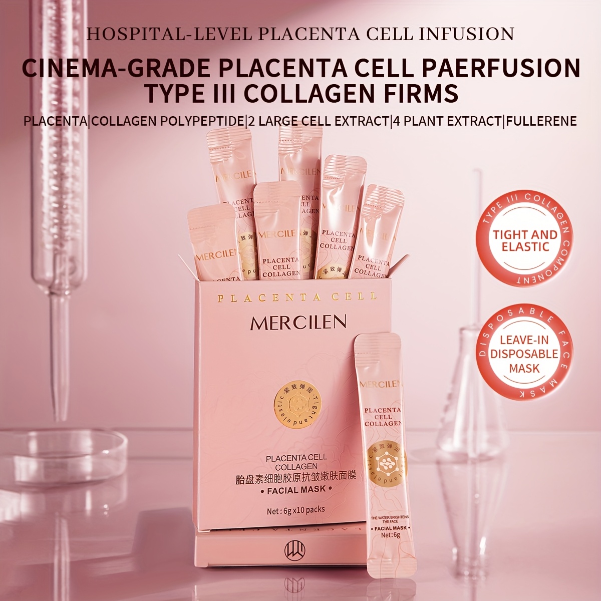Mască de hidratare pentru somn cu colagen din celule de placentă 6g*10 buc, conținând acid hialuronic, colagen, scualan vegetal, hidratantă pentru pielea feței, machiaj, aspect mai tânăr al pielii, potrivită pentru toate tipurile de piele, esențială pentru călătorii
