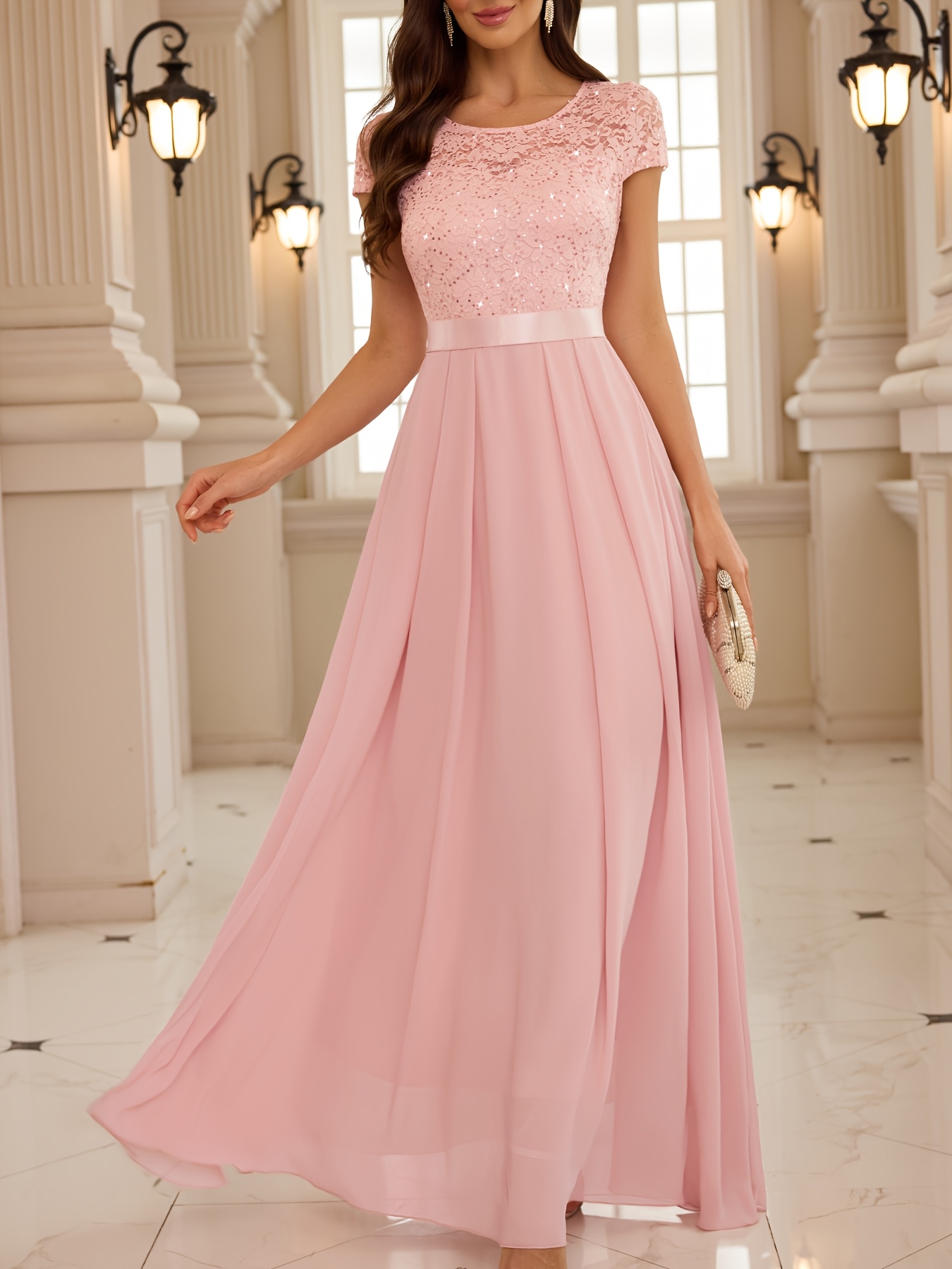 langes brautjungfernkleid für weibliche hochzeitsgäste, rosa spitze, elegantes brautjungfernkleid, chiffon,  , formelles cocktailkleid