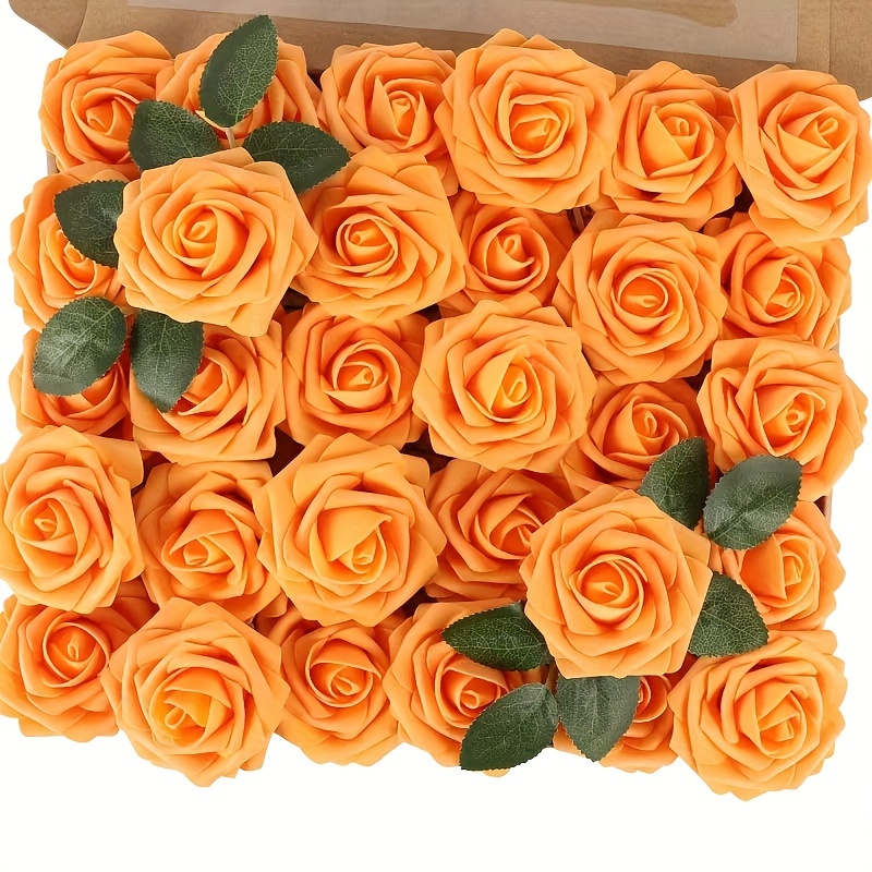 

25 Autumn Artificial Flowers - Real Touch Fake Flowers And Stems - Foam Rose Wedding Bouquet Center Decoration - Family Thanksgiving Autumn Decoration (orange) - Pe Material