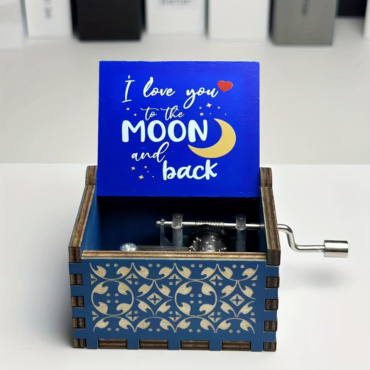TEMU 1 boîte à musique en bois à avec "Je t'aime jusqu'à et ", design rétro sculpté, cadeau pour anniversaire, Saint-Valentin, Halloween, Noël,