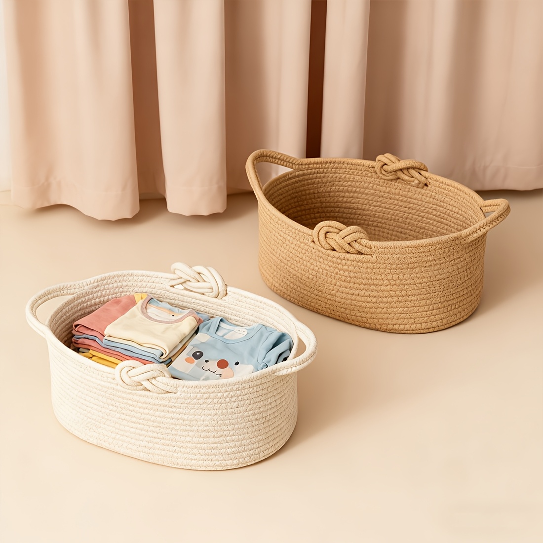 Inwagui Foldable Rope Basket with Handles, Oval Laundry Basket Stackable, Soft And Firm Storage Basket for Clothes, Blanket, Towels, Socks, Decorative Basket Box, Bathroom, Bedroom, Spring Summer, Laundry Baskets