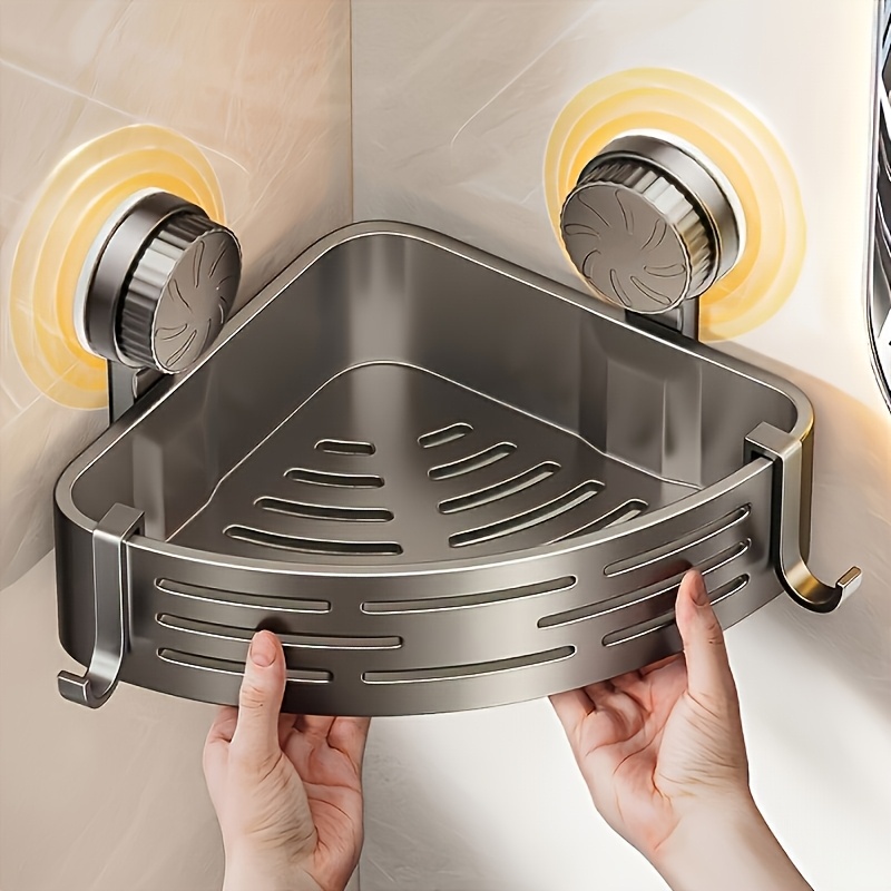 space saving suction cup bathroom shelf no drilling required strong triangular rack with hooks suitable for shower and toilet walls tiles multifunctional storage organizer