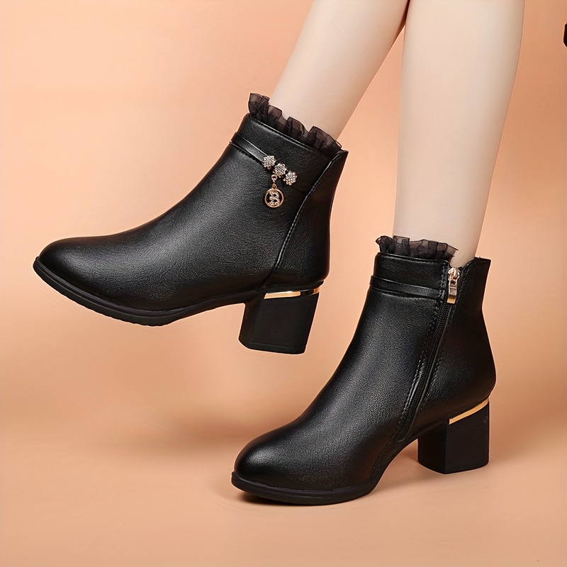 TEMU Bottes de cheville pour femmes, printemps automne, bordure en dentelle, bout , doublure simple, bottes courtes, fermeture éclair latérale