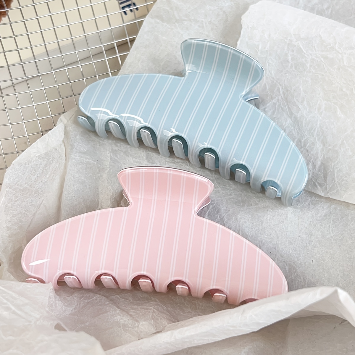 TEMU 2pcs Fresh Macaron Vertical Stripe Hair Clips, And Blue, -of-head Hair Up, Versatile For Work, Suitable For Daily Wear, Great Gift For