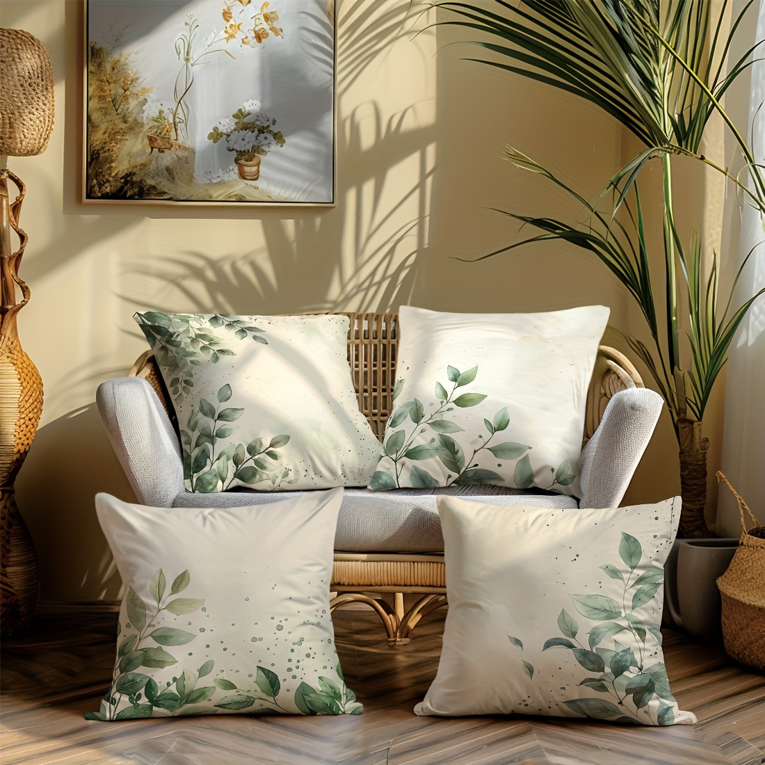 

4-piece Set Modern Green Leaf Print Throw Pillow Covers - Zippered, Machine Washable Polyester Cushion Cases For Sofa, Bed, Car & Living Room Decor Pillows For Couch Couch Pillows
