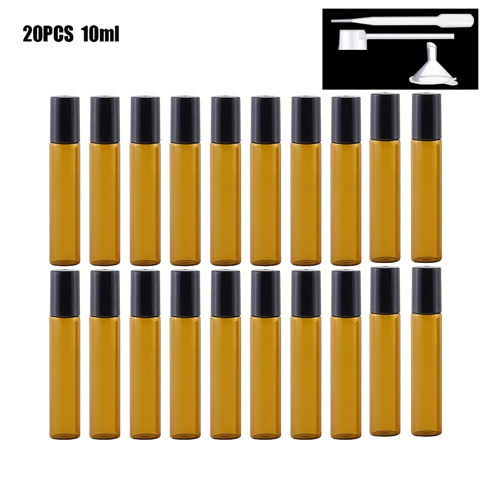 TEMU Lot de 20 flacons en verre marron pour huiles essentielles en rouleau, 5/10 ml, flacons de parfum vides rechargeables, contenants , outils de