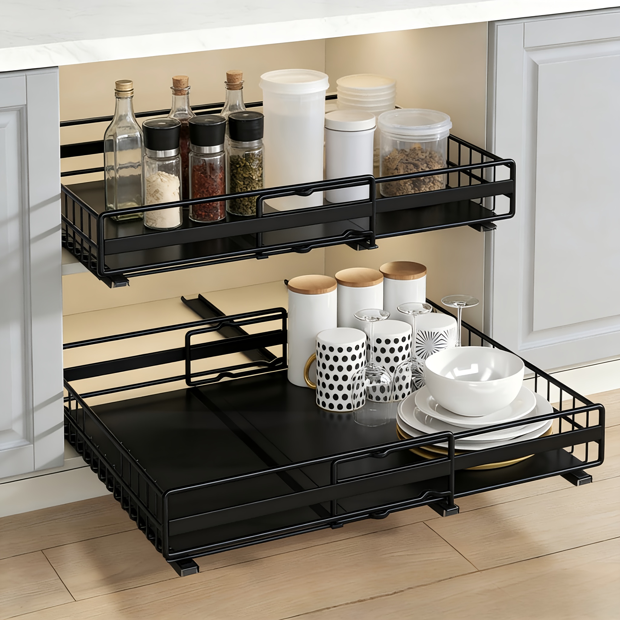 TEMU 2pcs Set Adjustable Telescopic Drawers, Expandable Width Carbon Steel Drawer Organizers, Pull-out Cabinet Storage With Silent Slides, Suitable