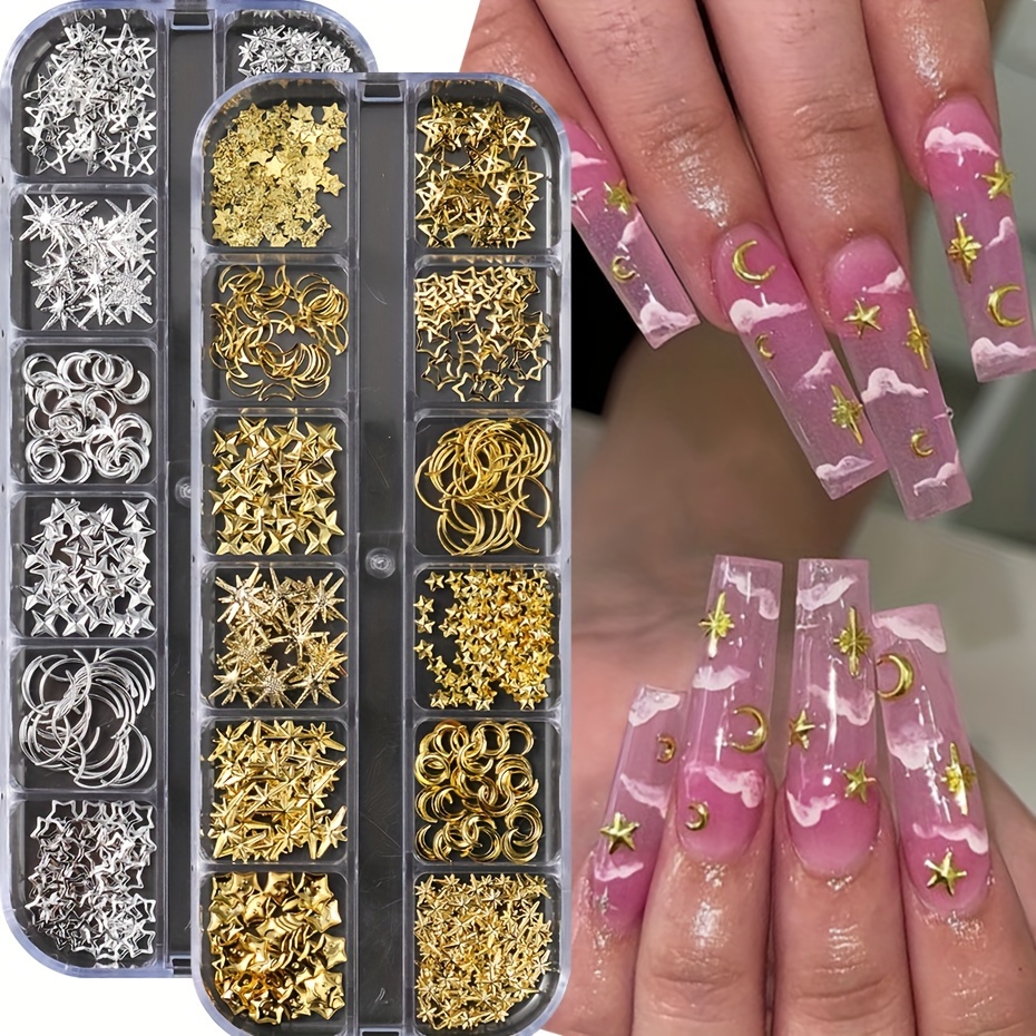 

Full Beauty 12 Grids Random Mix Nail Rivet , Golden/silvery Stars, Light Nail Art Charms, Accessories, Unscented Manicure Supplies