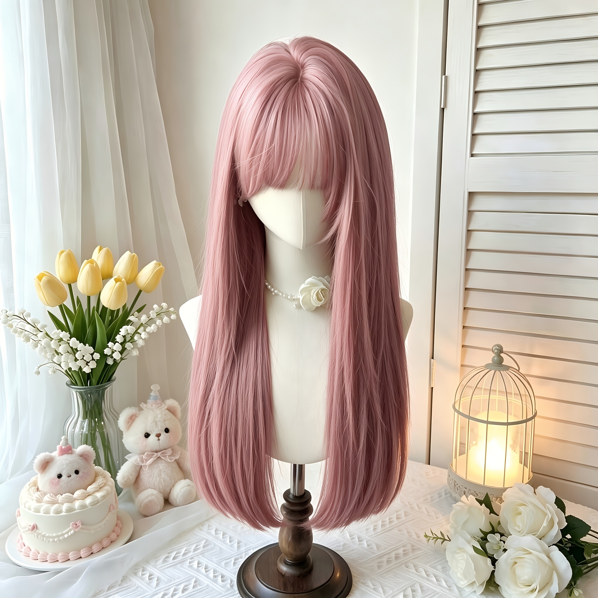 TEMU Long Straight Wig With Full Straight Bangs For Women, 65cm 26 Inch Y -free Heat Resistant Synthetic Hair Full Wig, Lightweight Comfortable Wig