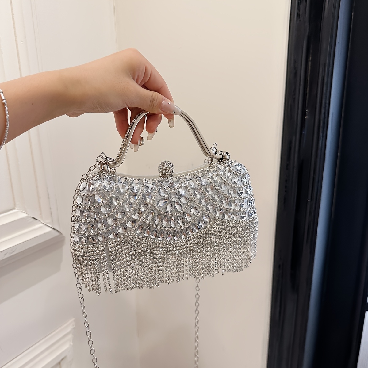 1pc Glam Evening Clutch Bag with Sparkling Tassel Handbag, Bridal  Wedding Dress Accessory, Gift for Women with Removable Met