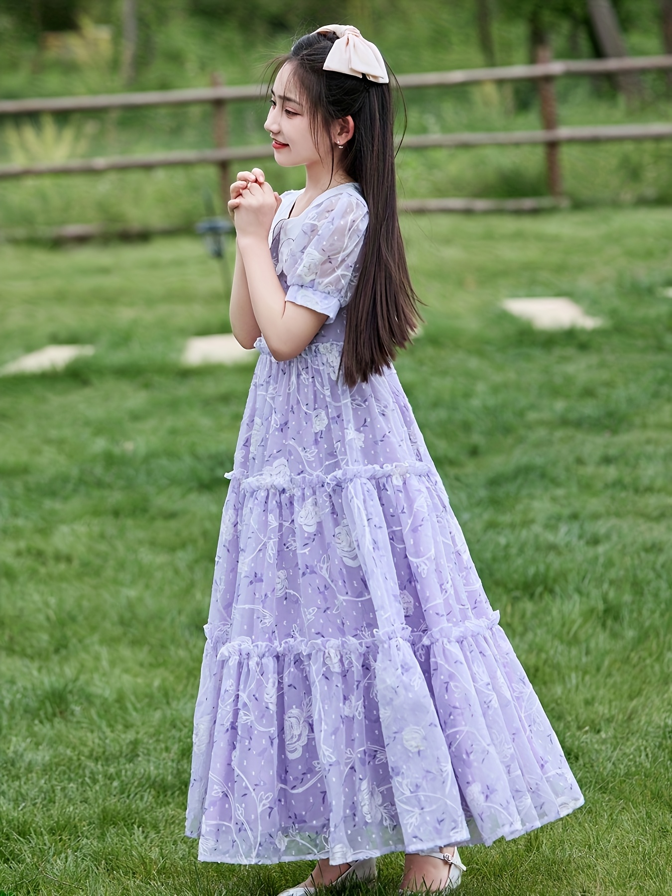 girls floral print chiffon dress light purple tiered - Temu Oman