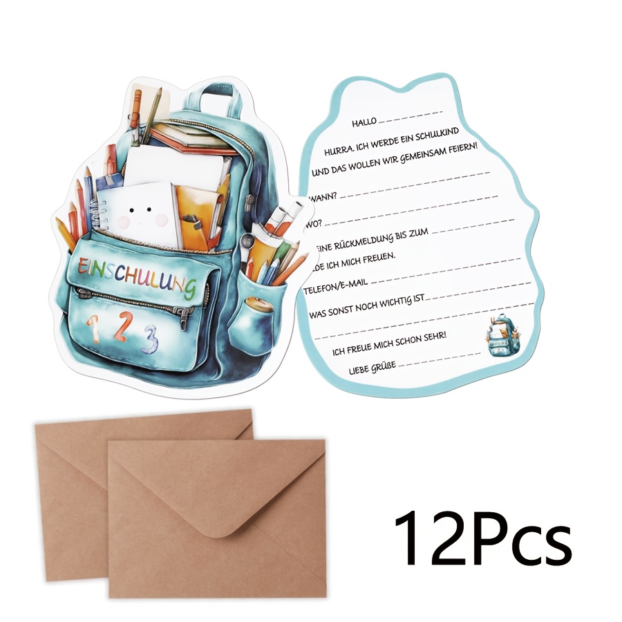 Image of Gift For Her/him 12pcs German School Invitation Gift Set, Set, Invitation With Envelope Stickers, Suitable For School Entrance Party, Back-to-school Reception, Back-to-school Party Table Decoration