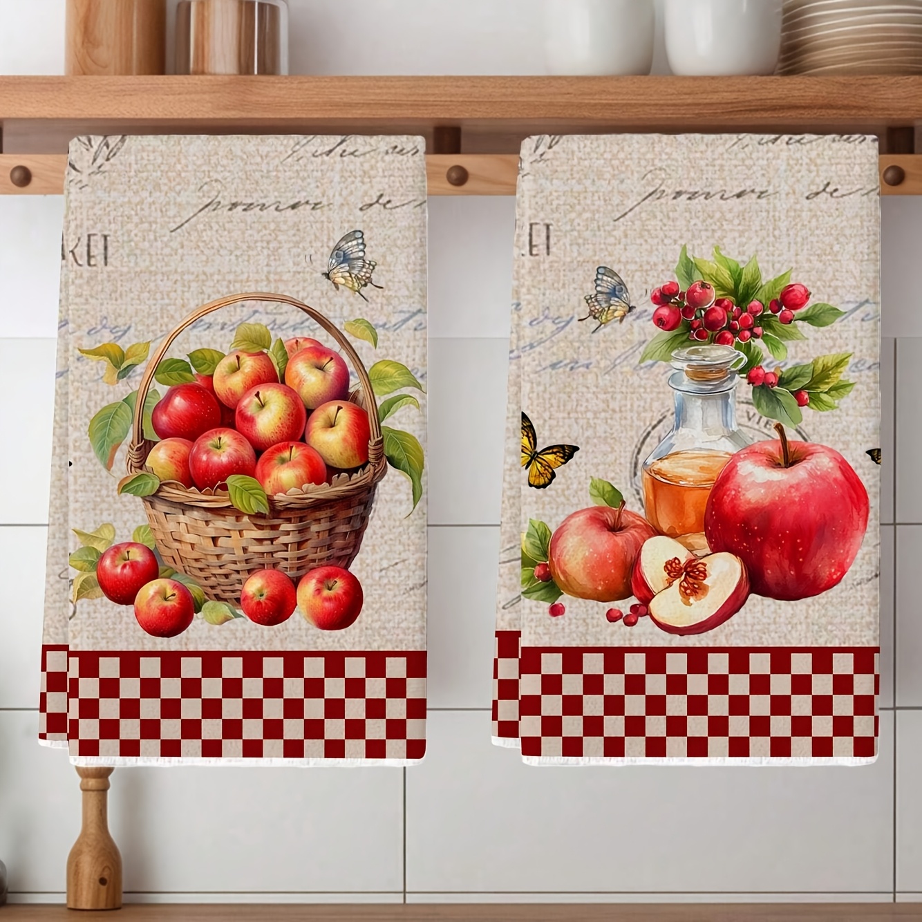 TEMU 2pcs Basket And Juice Pattern Kitchen Towels | Soft, Durable Polyester, Machine Washable, Ideal For Cooking, Baking, Cleaning, Bathroom, And