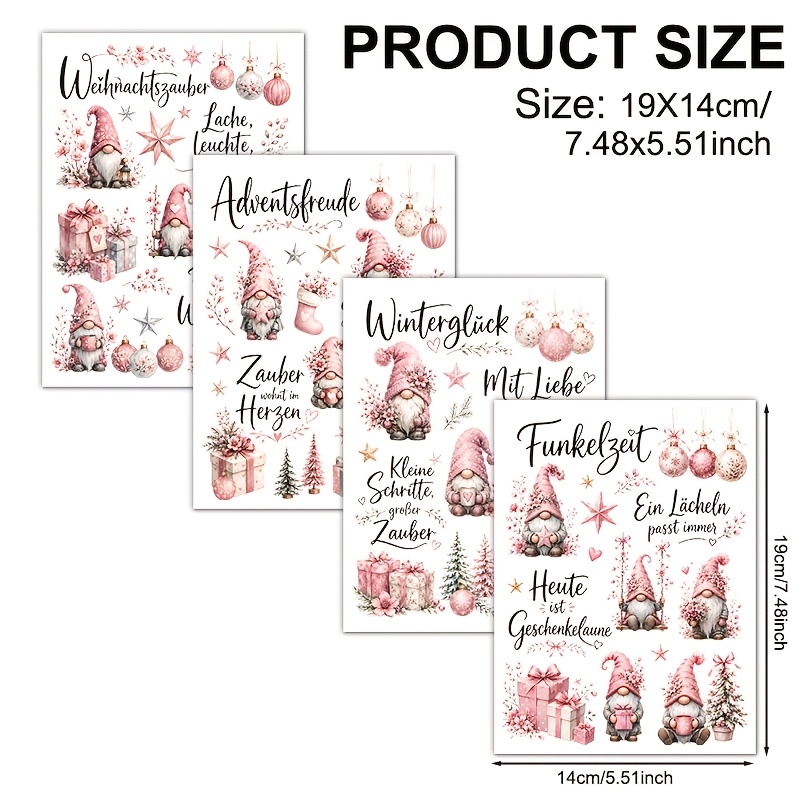 TEMU 4pcs Pink Gnome Christmas German Vinyl Uv Dtf Transfer Paper (mugs Not Included, Transfer Paper Sold) Suitable For Crafts, Mugs, Laptops, And